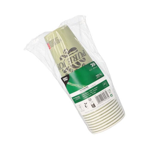 Una confezione da 20 bicchieri di carta "Pure Joy" PAPSTAR verde, impacchettata in plastica (Ø 8 cm, alto 11,7 cm) della PAPSTAR GmbH, impilati con un'etichetta verde-bianca con informazioni sul prodotto, simboli di riciclaggio e un codice a barre.