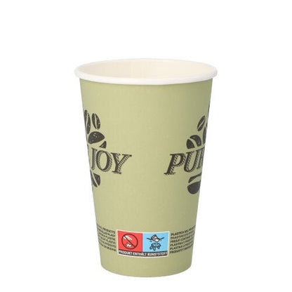 Un bicchiere di carta "Pure Joy" verde chiaro PAPSTAR GmbH (Ø 8 cm, alto 11,7 cm, 20 pezzi) con la scritta nera "ENJOY", motivo di chicchi di caffè e un'etichetta di avviso rosso-blu nella parte inferiore con informazioni sul contenuto di plastica.
