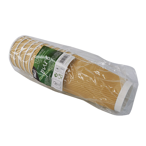 Una pila di bicchieri di carta PAPSTAR GmbH (Ø 9 cm, 13,7 cm di altezza, Ripple Wall) in plastica trasparente con etichetta del prodotto verde-bianca; il pacchetto contiene 10 pezzi.