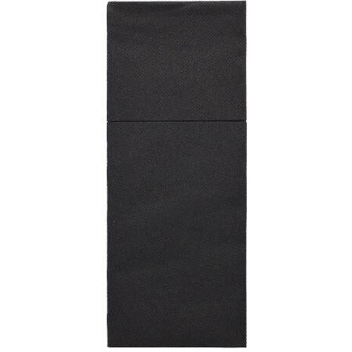 Le tasche per posate Starpak 100, Airlaid 40x48 cm con piega per posate, si distinguono per un elegante design rettangolare nero con una sottile divisione orizzontale e una superficie Airlaid strutturata, che ricorda decorazioni da tavola eleganti.