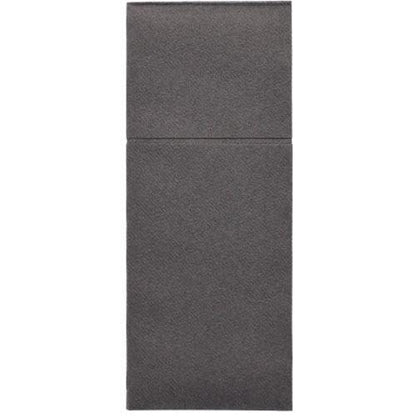 Un'opera d'arte rettangolare e verticale, suddivisa in due aree strutturate grigio scuro, ricorda lo stile raffinato delle tasche per posate Starpak 100 in Airlaid (40 x 48 cm con piega per posate) di Starpak.