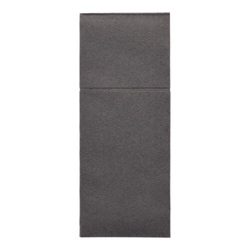 Le tasche per posate Starpak 100, Airlaid 40×48 cm con piega per posate, sono un tappetino rettangolare grigio scuro strutturato, diviso da una linea orizzontale e rappresentato piatto su sfondo bianco - ideale per una decorazione da tavola moderna.