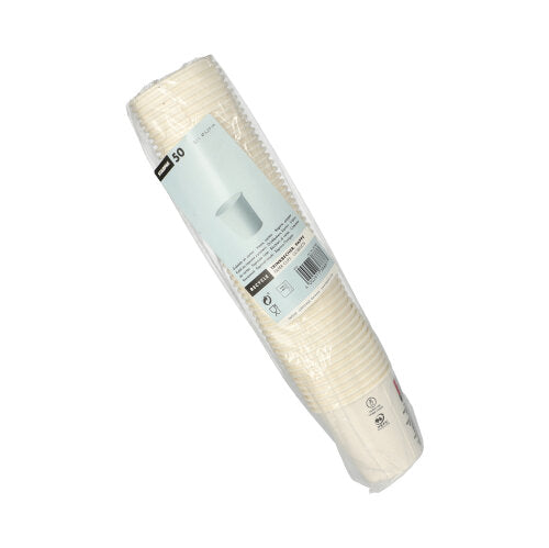 Una pellicola termoretraibile con 50 bicchieri Starpak bianchi per bevande fredde in cartone (0,1 l, Ø 6,25 cm, 6,3 cm), etichettata con dettagli del prodotto - ideale per feste ed eventi su sfondo bianco semplice.