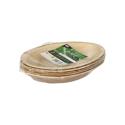Una pila di piatti ovali da 6 "Pure" di PAPSTAR GmbH, foglia di palma, realizzati con foglia di palma naturale, avvolti in pellicola trasparente e dotati di un'etichetta verde-bianca - ideale per eventi ecologici.