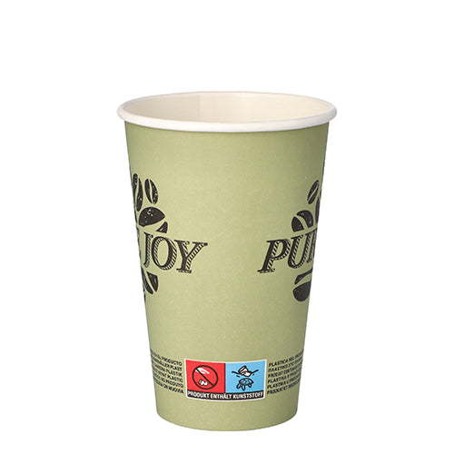 Un bicchiere verde chiaro PAPSTAR 50 da 0,3 l in cartone resistente della PAPSTAR GmbH con grafica di chicchi di caffè, piccoli simboli e testo sul bordo inferiore si erge su sfondo bianco.