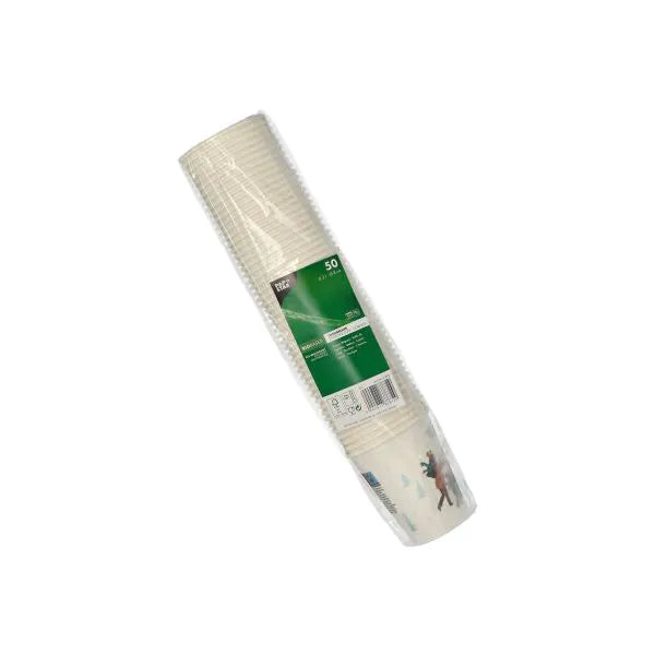 Un pacco impilato di 50 bicchieri di carta usa e getta bianchi da 0,2 l della PAPSTAR GmbH confezionato in plastica, parzialmente con una piccola stampa - ideale come bicchieri pratici per feste o eventi.