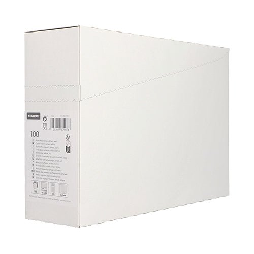Una semplice scatola rettangolare bianca Starpak con un'etichetta laterale con dettagli del prodotto e codici a barre, ideale per ristoranti per conservare 100 bustine per posate Starpak, Airlaid 40 cm x 33 cm con piega per posate. Testo minimo e nessun marchio visibile sul lato più grande.