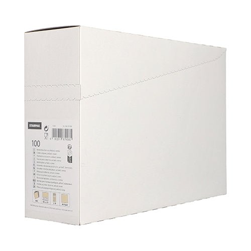 Una scatola Starpak 100 per posate (Airlaid 40 cm x 33 cm con piega per posate) è raffigurata di traverso e presenta un'etichetta del prodotto e una parte superiore perforata per una facile apertura - ideale per l'uso nei ristoranti.