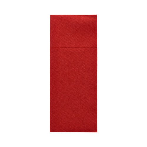 È raffigurata una busta Starpak 100 per posate Airlaid (40 x 33 cm, con piega per posate) in semplice forma rettangolare rossa su sfondo bianco. La linguetta non è visibile.