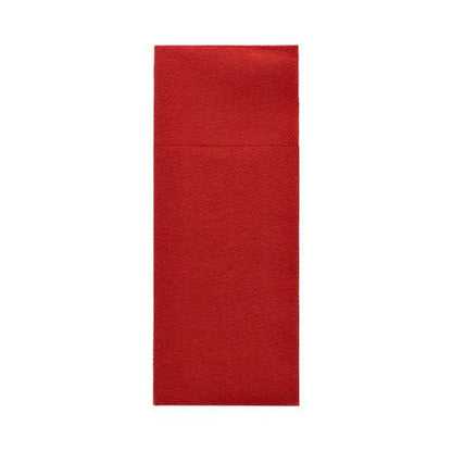 È raffigurata una busta Starpak 100 per posate Airlaid (40 x 33 cm, con piega per posate) in semplice forma rettangolare rossa su sfondo bianco. La linguetta non è visibile.