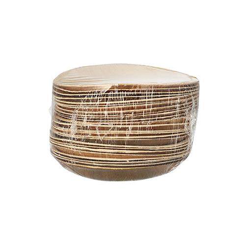 Un cartone con 25 piatti PAPSTAR di foglia di palma "puro", rotondo (Ø 18,5 cm), sostenibile e biodegradabile, di PAPSTAR GmbH è raffigurato in confezione trasparente su sfondo bianco.