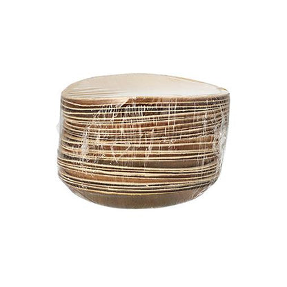 Un cartone con 25 piatti PAPSTAR di foglia di palma "puro", rotondo (Ø 18,5 cm), sostenibile e biodegradabile, di PAPSTAR GmbH è raffigurato in confezione trasparente su sfondo bianco.