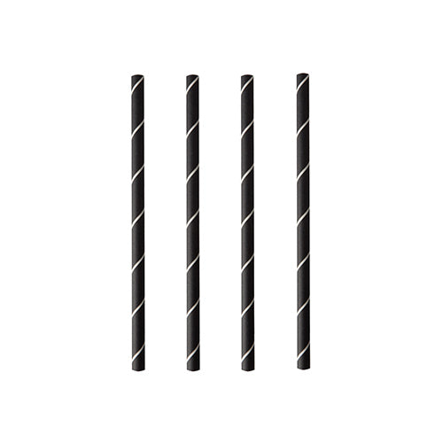 Quattro PAPSTAR cannucce da cocktail 7 mm, nero/bianco "Stripes" (film, 15 cm), del marchio PAPSTAR GmbH, sono disposte verticalmente e uniformemente su uno sfondo bianco.