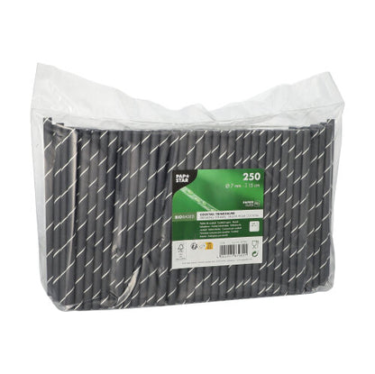 Una confezione di plastica trasparente contiene 250 cannucce da cocktail PAPSTAR 7 mm, nero/bianco "Stripes", 15 cm. L'etichetta della PAPSTAR GmbH mostra informazioni sul prodotto e simboli ecologici.