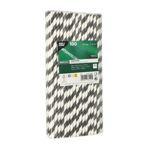 Una confezione rettangolare con 100 PAPSTAR cannucce di carta da 6 mm della PAPSTAR GmbH è posizionata verticalmente e porta un'etichetta verde-bianca con informazioni sul prodotto e codice a barre. Queste cannucce ecologiche sono biodegradabili e sostenibili.