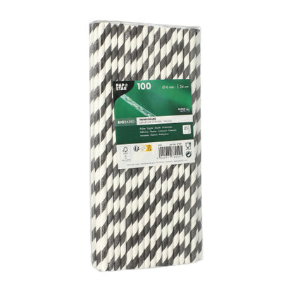 Una confezione rettangolare con 100 PAPSTAR cannucce di carta da 6 mm della PAPSTAR GmbH è posizionata verticalmente e porta un'etichetta verde-bianca con informazioni sul prodotto e codice a barre. Queste cannucce ecologiche sono biodegradabili e sostenibili.