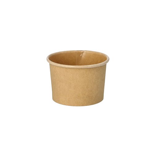 Su sfondo bianco si vede un bicchiere da porzione vuoto PAPSTAR da 50 pezzi in cartone marrone riciclabile di PAPSTAR GmbH – semplice, rotondo, senza coperchio o marchi, ideale per il settore della ristorazione.