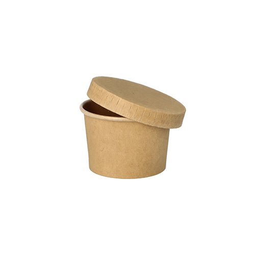 Il PAPSTAR bicchiere da porzione da 50 pezzi in cartone marrone di PAPSTAR GmbH con coperchio abbinato, parzialmente aperto e inclinato, presentato su sfondo bianco – perfetto come bicchiere da porzione ecologico nella ristorazione.