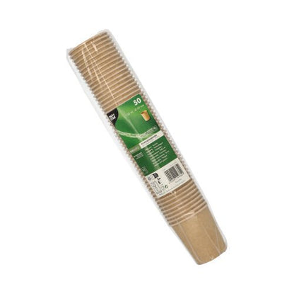 Una confezione di plastica con 50 bicchieri da porzione PAPSTAR in cartone marrone (PAPSTAR GmbH), con etichetta verde, codice a barre e informazioni sul prodotto. I bicchieri riciclabili sono impilati – ideali per il settore della ristorazione.