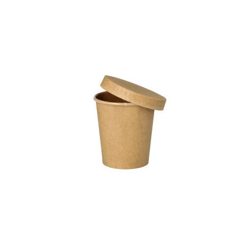 I PAPSTAR bicchieri da porzione da 50 pezzi in cartone marrone di PAPSTAR GmbH, con coperchio abbinato e bordo smussato, sono presentati su sfondo bianco – ideali come bicchieri da porzione ecologici per la ristorazione.