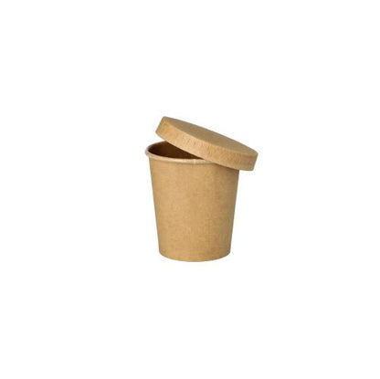 I PAPSTAR bicchieri da porzione da 50 pezzi in cartone marrone di PAPSTAR GmbH, con coperchio abbinato e bordo smussato, sono presentati su sfondo bianco – ideali come bicchieri da porzione ecologici per la ristorazione.