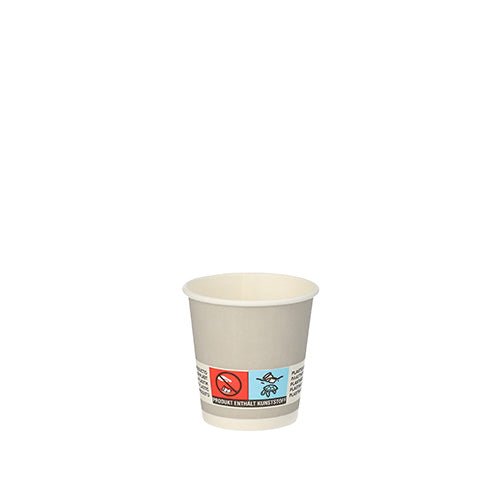 Piccolo bicchiere di carta argentato PAPSTAR (Ø 5 cm, 20 pezzi) della PAPSTAR GmbH con un'etichetta frontale con simboli di avvertimento e testo su sfondo bianco.