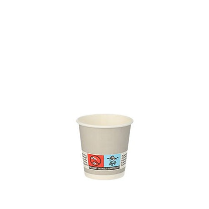 Piccolo bicchiere di carta argentato PAPSTAR (Ø 5 cm, 20 pezzi) della PAPSTAR GmbH con un'etichetta frontale con simboli di avvertimento e testo su sfondo bianco.