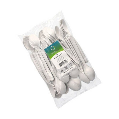 In un imballaggio di plastica trasparente ci sono diversi articoli Circulware bianchi di Haval Spoon (riutilizzabili) in polipropilene con dimensioni di 18,5 cm, con un'etichetta verde-blu con informazioni sul prodotto e simboli di riciclaggio.