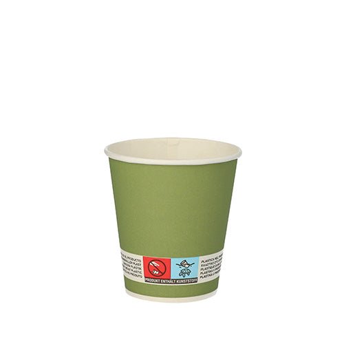 A PAPSTAR GmbH bicchiere di carta "Whiskey", verde scuro, Ø 7,2 cm, con interno bianco e un'etichetta con simboli sul bordo inferiore. Il bicchiere monouso (20 pezzi) è raffigurato su sfondo bianco.