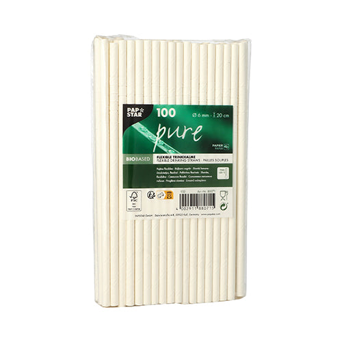 Eine transparente Verpackung der PAPSTAR GmbH enthält 100 „pure“ Papier-Trinkhalme (Ø 6 mm, 20 cm), aufrecht präsentiert mit einem grünen Etikett mit dem Hinweis „biobased“. Dicht verpackt sind diese Strohhalme eine umweltfreundliche Alternative.