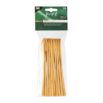 10 pezzi PAPSTAR di forchette in bambù "pure", 16,5 cm, con etichetta verde-bianca di PAPSTAR GmbH - un'ideale posata ecologica per ogni evento attento all'ambiente.