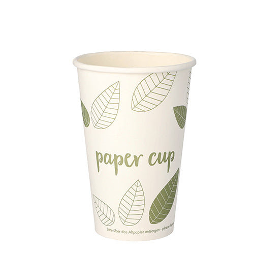 Un PAPSTAR 50 bicchieri, cartone "pure" "ZERO" della PAPSTAR GmbH è raffigurato su uno sfondo bianco semplice con design a foglia verde e testo "Paper Cup" ed è realizzato con materiali sostenibili.