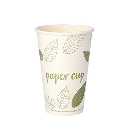 Un PAPSTAR 50 bicchieri, cartone "pure" "ZERO" della PAPSTAR GmbH è raffigurato su uno sfondo bianco semplice con design a foglia verde e testo "Paper Cup" ed è realizzato con materiali sostenibili.