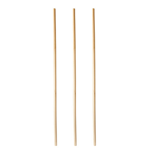 Tre dritte, chiare cannucce "pure" della PAPSTAR GmbH (Ø 4 mm, 23 cm) sono disposte verticalmente su uno sfondo bianco e sottolineano le stilose e ecologiche cannucce di carta dalla scatola dispenser da 150 pezzi.