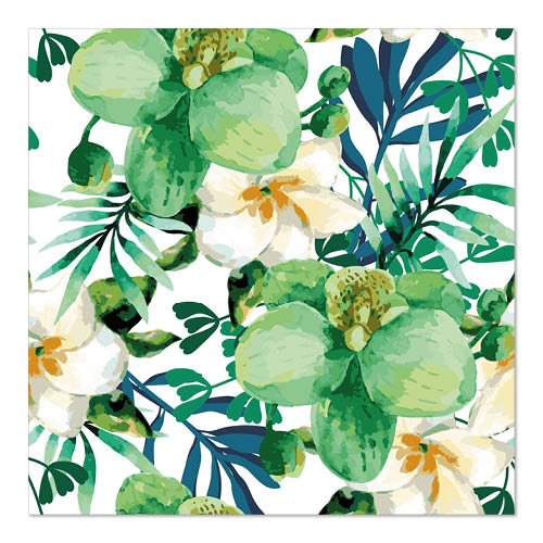 Un motivo acquerellato senza soluzione di continuità con orchidee verdi e bianche e foglie lussureggianti su bianco, ideale per PAPSTAR GmbH 20 tovaglioli, 33 cm x 33 cm, 3 strati, piega 1/4 design set 1.