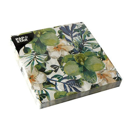 PAPSTAR 20 tovaglioli, 33 x 33 cm, 3 strati, piega 1/4 di PAPSTAR GmbH. Con motivi floreali e verdi/arancioni, confezionati in pellicola trasparente con etichetta "Papstar Collection".