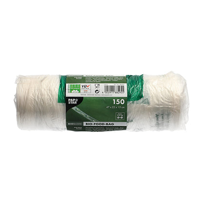 Un rotolo con 150 PAPSTAR sacchetti a nodo (47x22 cm) in pellicola bio trasparente della PAPSTAR GmbH mostra una fascetta verde-bianca con informazioni sul prodotto e simboli, non utilizzato su sfondo bianco.