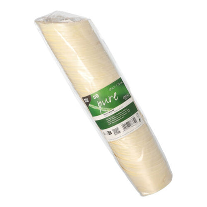 Una confezione da 50 bicchieri per snack in legno "puro" (7,2 cm di altezza) della PAPSTAR GmbH, confezionata in pellicola trasparente con etichetta verde-bianca - perfetta per servire snack in modo ecologico.