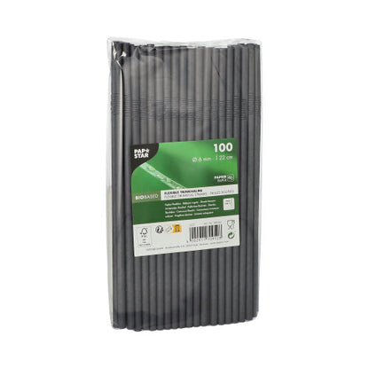 Una confezione sigillata con 100 PAPSTAR cannucce di carta da 6 mm di PAPSTAR GmbH è mostrata in posizione verticale. La confezione mostra informazioni sul prodotto, un codice a barre e simboli per specifiche e certificazioni.