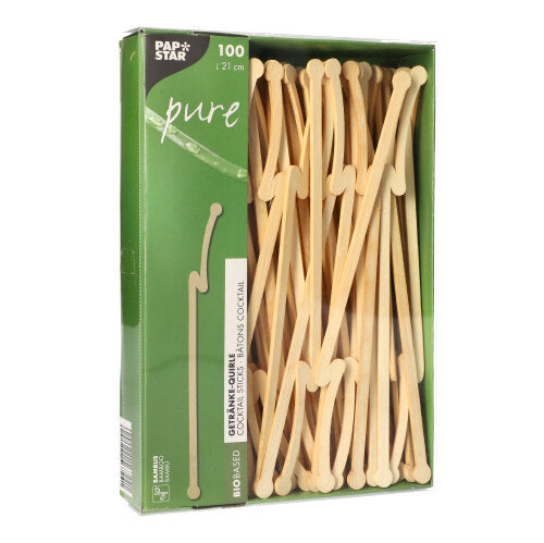 Una scatola verde con la scritta "PAPSTAR pure" della PAPSTAR GmbH contiene 100 fruste per bevande in bambù, ciascuna lunga 12 cm. Le fruste biodegradabili sono visibili attraverso una finestra trasparente sulla parte anteriore della confezione.
