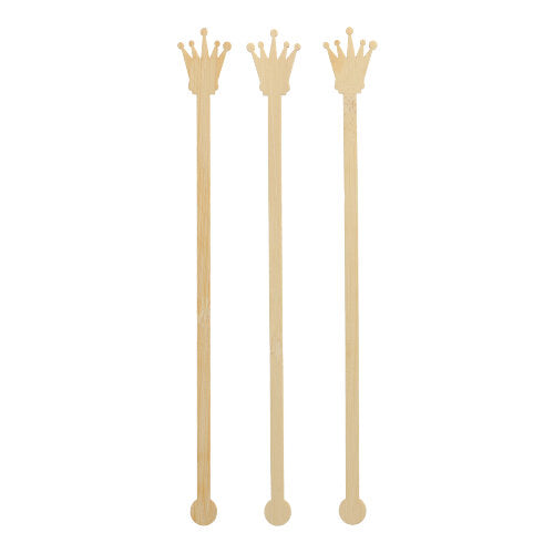 Tre PAPSTAR 100 fruste per bevande in bambù di PAPSTAR GmbH sono in posizione verticale. Ogni semplice frusta ha una punta a forma di corona, una base rotonda ed è priva di colori o decorazioni aggiuntive.