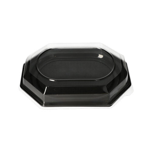 I piatti da portata Starpak 10, PET nero, sono vassoi in plastica nera, ottagonali, con coperchio in PET trasparente, ideali per eventi di catering. Sono presentati su un semplice sfondo bianco. Marca: Starpak.