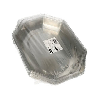 Su uno sfondo bianco semplice c'è una pila di coperchi Starpak 10 per piatti da portata, PET trasparente, avvolti in plastica trasparente e con un'etichetta con codice a barre bianco sulla parte superiore.