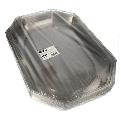 Una pila di coperchi ovali Starpak 10 per piatti da portata di Starpak in PET trasparente, avvolti in plastica trasparente con un codice a barre e un'etichetta informativa del prodotto sulla parte superiore, garantisce freschezza ottimale per vassoi da portata con bordi angolati.