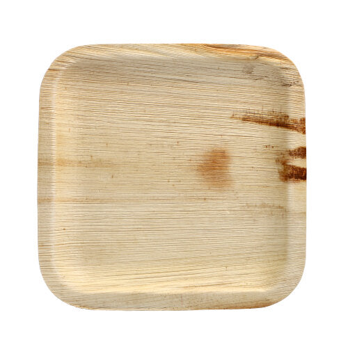 Il PAPSTAR piatto 25 della PAPSTAR GmbH è un piatto quadrato, chiaro in foglia di palma con angoli arrotondati, struttura liscia, venature naturali visibili e una macchia marrone scuro sul lato destro - ideale per occasioni speciali su sfondo bianco.