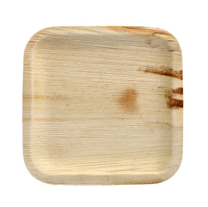 Il PAPSTAR piatto 25 della PAPSTAR GmbH è un piatto quadrato, chiaro in foglia di palma con angoli arrotondati, struttura liscia, venature naturali visibili e una macchia marrone scuro sul lato destro - ideale per occasioni speciali su sfondo bianco.