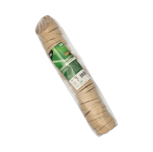 Un pacchetto sigillato con 50 coperchi marroni, rotondi PAPSTAR GmbH (Ø 6 cm) per bicchieri monoporzione è impilato e dotato di un'etichetta verde con informazioni. Prodotto: Coperchio PAPSTAR per bicchieri monoporzione, marrone.