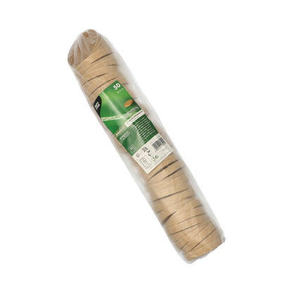 Un pacchetto sigillato con 50 coperchi marroni, rotondi PAPSTAR GmbH (Ø 6 cm) per bicchieri monoporzione è impilato e dotato di un'etichetta verde con informazioni. Prodotto: Coperchio PAPSTAR per bicchieri monoporzione, marrone.