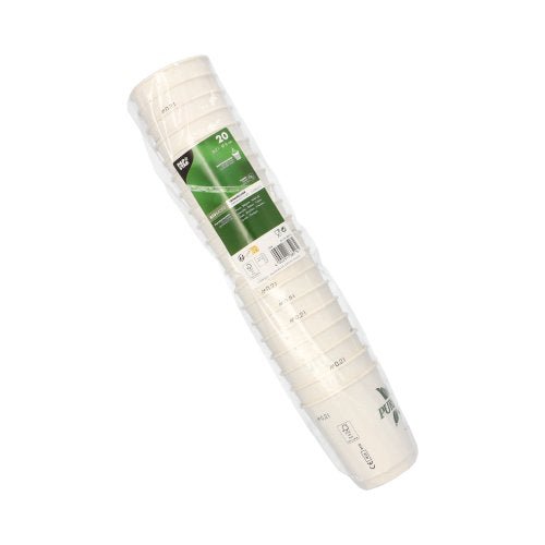Una confezione da 20 PAPSTAR bicchieri di carta doppelwandig bianchi "Pura Gioia" (8 cm), confezionati in plastica trasparente con etichetta verde e bianca. I bicchieri monouso sono ordinatamente impilati nella confezione. Marca: PAPSTAR GmbH.