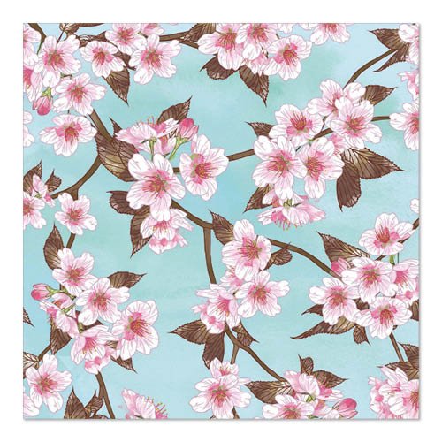 La PAPSTAR GmbH 20 tovaglioli, 33 cm x 33 cm, 3-strati (design set 5), mostrano fiori di ciliegio rosa con rami e foglie marroni su sfondo azzurro, stampati a pieno formato sul tovagliolo.